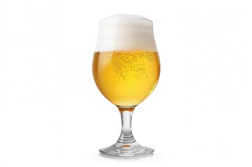 Complete snifter glass filled with light pilsner beer on a white backdrop