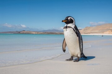 Fototapeta premium Pygoscelis papua standing on a sandy shore of a remote island.