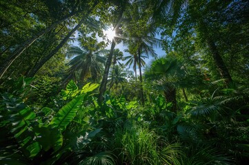 Naklejka premium Verdant Marshland: A Tropical Jungle Oasis with Exotic Flora and Majestic Palms