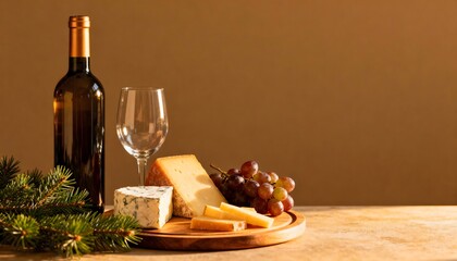 Naklejka premium Cheese assortment with red grapes, glass and unbranded wine bottle on wooden tray with pine branches, symbolizing holiday celebrations, gourmet lifestyle, and festive culinary indulgence.