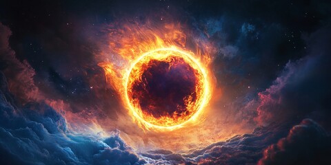 A fiery orb surrounded by clouds and stars creating a dramatic celestial spectacle in the cosmos