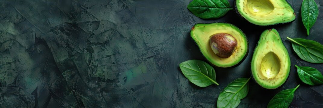 World vegan day celebration with fresh avocado and leaves on dark background. Horizontal banner. Copy space. Healthy Food. World Vegetarian Day - Powered by Adobe