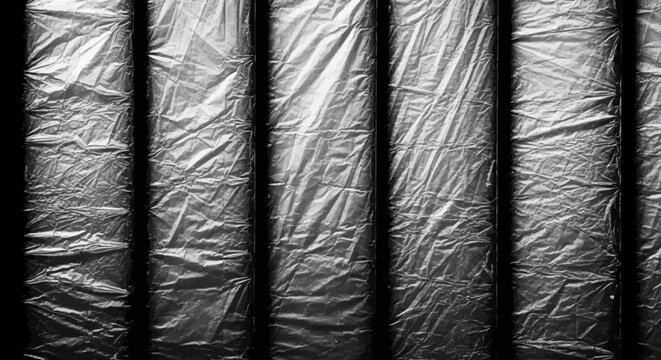 Close up abstract black and white textured surface pattern with vertical lines and shadows creating a dramatic and mysterious effect