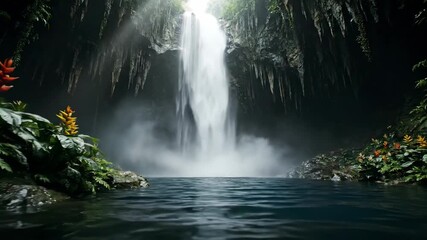 Dramatic tracking shot revealing a massive waterfall cascading into an underground pool inside a jungle cave calm, exploration, massive waterfall