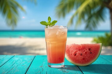Obraz premium Refreshing watermelon juice with a slice of melon on a vibrant backdrop. A perfect summer beverage.