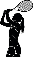Silhouette of female tennis player serving with racket in dynamic pose, isolated vector for sports, fitness, and athletic concept design