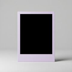 A single, blank, light purple instant photo frame stands upright against a plain gray background.