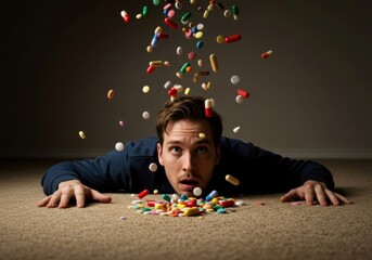 Concept of overdose: pills dropping onto man below.