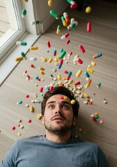 Conceptual image: pills falling toward man on ground.