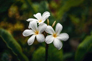 Fototapeta premium Freshly washed white frangipani blossoms gleam after rainfall