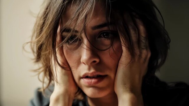 Female PTSD concept: traumatized woman in emotional stress with disheveled hair, presses hands to face.