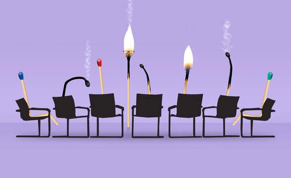 Job burnout, emotional, physical, and mental exhaustion, is shown with burned out matches at different stages in their careers as they attend a staff meeting.