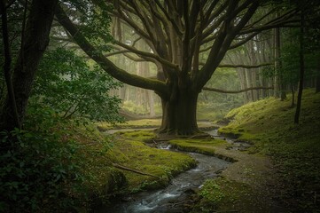 Naklejka premium Trail through cedar woods on a remote island