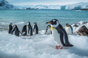 Obraz premium Pygoscelis papua penguins resting on icy slopes