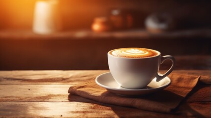 Obraz premium Coffee cup with latte art on a napkin in sunlight
