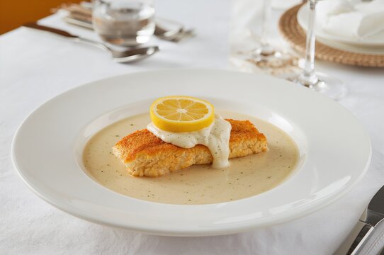 Crispy cod fillet accompanied by creamy sauce and lemon wedges, presented on a dining surface.