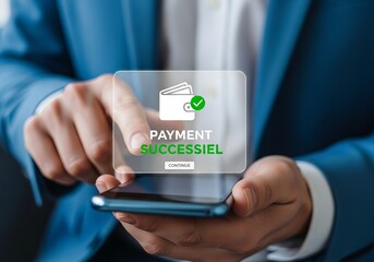 A man in a blue suit checking his successful payment on a smartphone, showcasing a modern digital transaction.