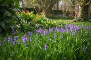 Purple blossoms and green grass during the spring season