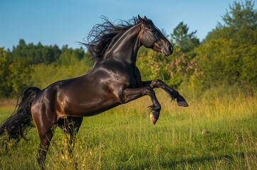 Obraz premium Horse displaying bucking motion in an enclosed field