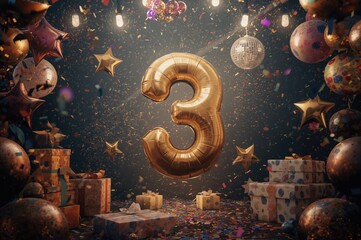 Golden numeral soaring amid confetti, presents, disco ball, and balloons against a backdrop of lights and sparks, imaginative concept.