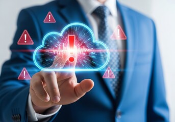 A businessman in a blue suit interacts with a digital cloud interface displaying warning alerts.