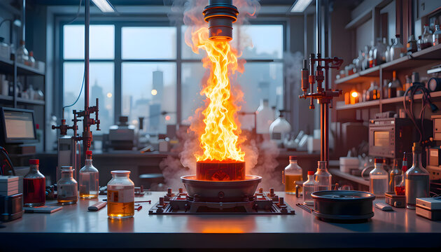Flame explosion coming out of a pot on a stove in a laboratory setting during a chemical experiment, showing active fire and controlled reaction for scientific study