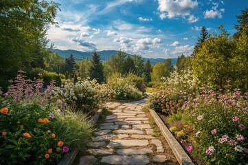 Beautiful blossoms and walkway surrounded by nature in a garden