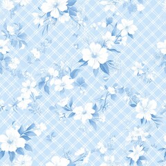 Blue Plaid Floral Flowers Seamless Pattern