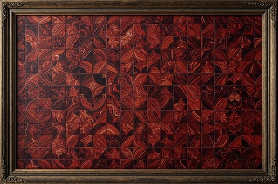 Tile Art Displaying Geometric Designs on a Crimson Backdrop