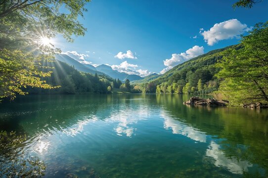 Morning sunlight illuminates a vibrant green pond surrounded by mountains in a watercolor landscape - Powered by Adobe