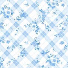 Blue Plaid Floral Flowers Seamless Pattern