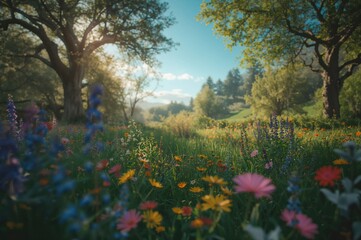 Naklejka premium Springtime blossoms and lush greenery with trees and leaves outdoors