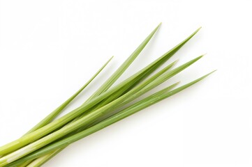 Fresh stalks of lemongrass against a plain white background