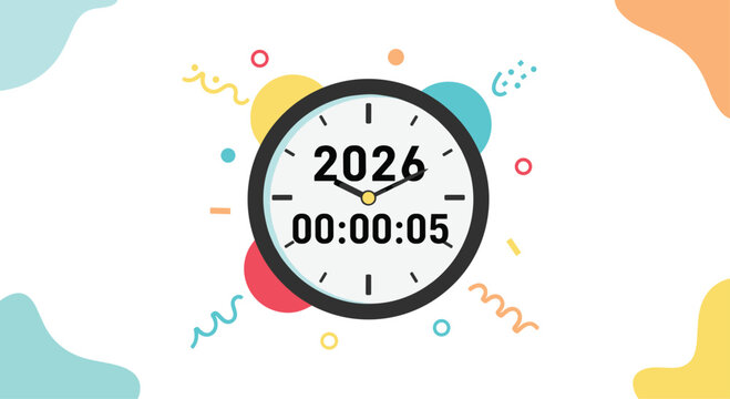 New Year Countdown Clock Showing 2026 and Five Seconds Remaining