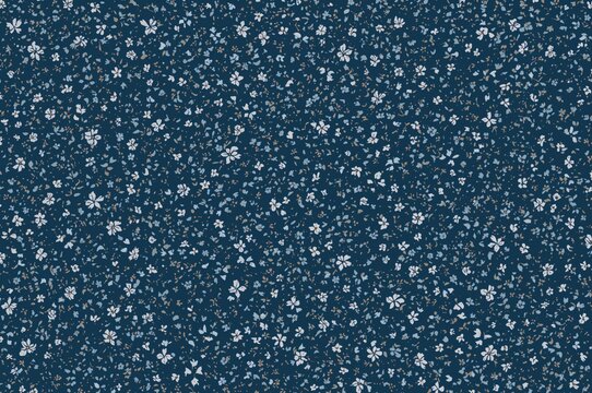 Seamless vector pattern featuring delicate small blossoms with a charming floral design on a dark blue background. Stylish textile print with light blue tiny flowers.