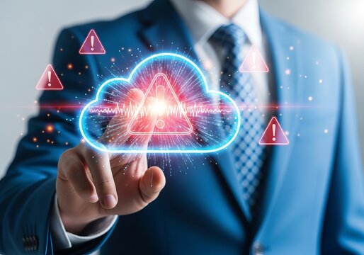 A businessman in a suit interacts with a digital cloud interface, indicating alerts and data concerns.