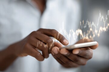 Close-up of hands using smartphone with digital stock market graph overlay ideal for finance, investment and technology campaigns