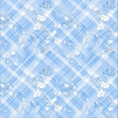 Blue Plaid Floral Flowers Seamless Pattern