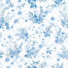 Blue Plaid Floral Flowers Seamless Pattern