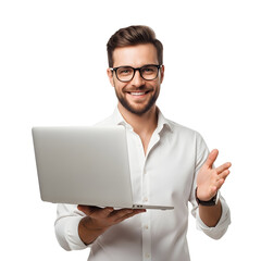 Smiling confident businessman in a white shirt wearing glasses holding a laptop and gesturing with his hands on a white background