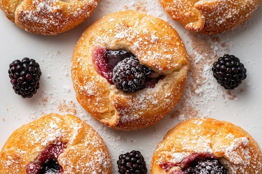 Top view of golden Danish pastries with blackberries and a dusting of powdered sugar - Powered by Adobe