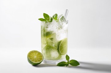 Fototapeta premium Refreshing Mojito cocktail with ice, mint, and lime on a white surface alongside fresh lime and mint leaves