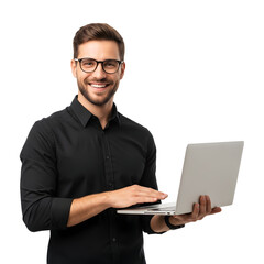 Smiling man wearing glasses and a black shirt holding a laptop and looking at the camera with a white background