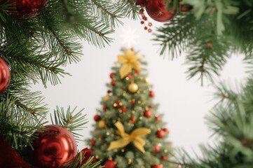 Fototapeta premium Festive red ornament and fir twigs set against a white backdrop with a star and yellow ribbon