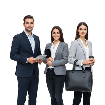 Three professionally dressed business people, two women and one man, stand together in a studio setting against a white background holding a tablet and coffee cup