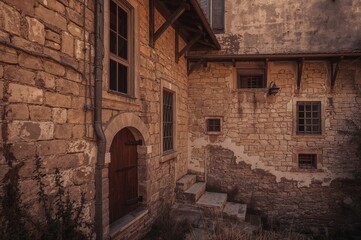 Fototapeta premium View of a timber structure featuring a wall, window, and door made of stone in a historic setting