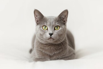 Obraz premium Beautiful-Eyed Gray Cat Posed Against White Backdrop