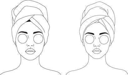 Two women with towels on heads and face masks in silhouette isolated on white background