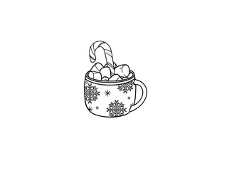 Christmas cup of drink and sweets. Hand drawn sketch illustration. Black and white line art	