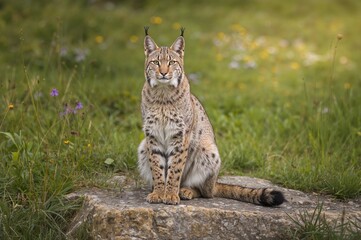 Obraz premium Complete portrait of a wild Iberian lynx perched on a stone (Lynx pardinus)